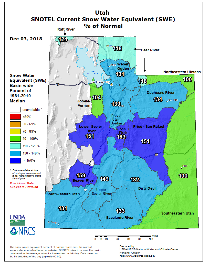 A map of Utah's snowpack levels on Monday, Dec. 3, 2018. (Image by Natural Resources Conservation Service)