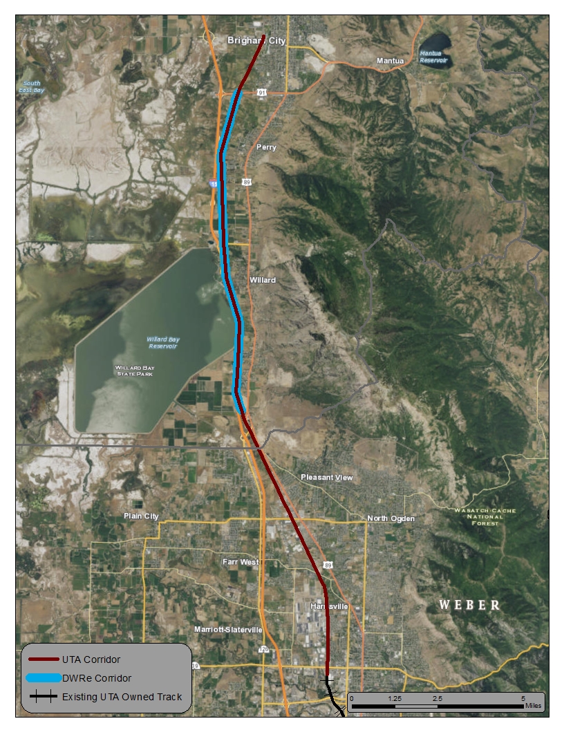This map shows where UTA Division of Water Resources's corridors run in Weber and Box Elder counties. UTA's corridor is in red and the Water Resources corridor is in blue. (Map credit: UTA)