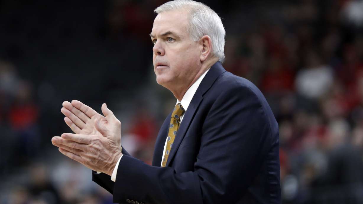 BYU head coach Dave Rose instructs his team during the first half of an NCAA college basketball game against UNLV, Saturday, Dec. 15, 2018, in Las Vegas. (AP Photo/Isaac Brekken)
