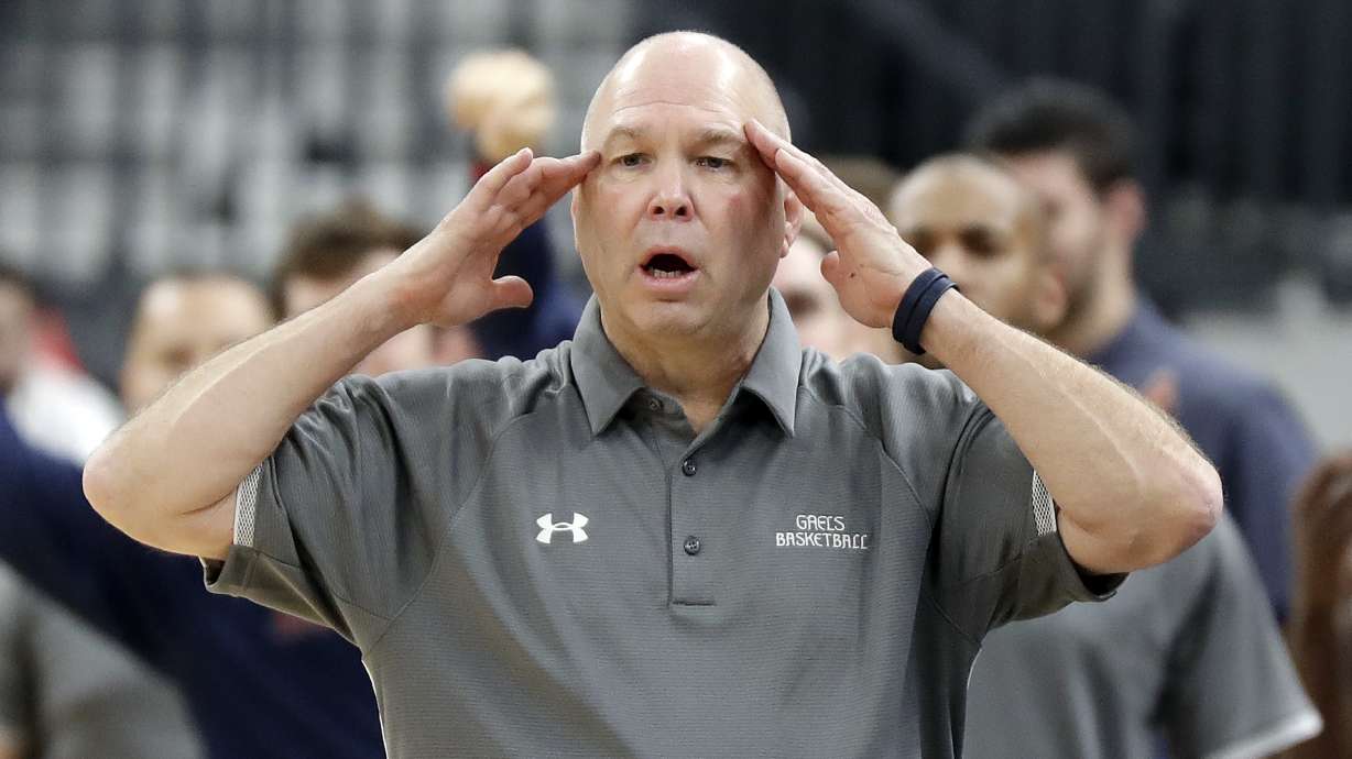 Saint Mary's and head coach Randy Bennett, shown in this Dec. 16, 2018 file photo, rallied to hold off Utah State 60-58 Thursday night and snap the Aggies' six-game winning streak.