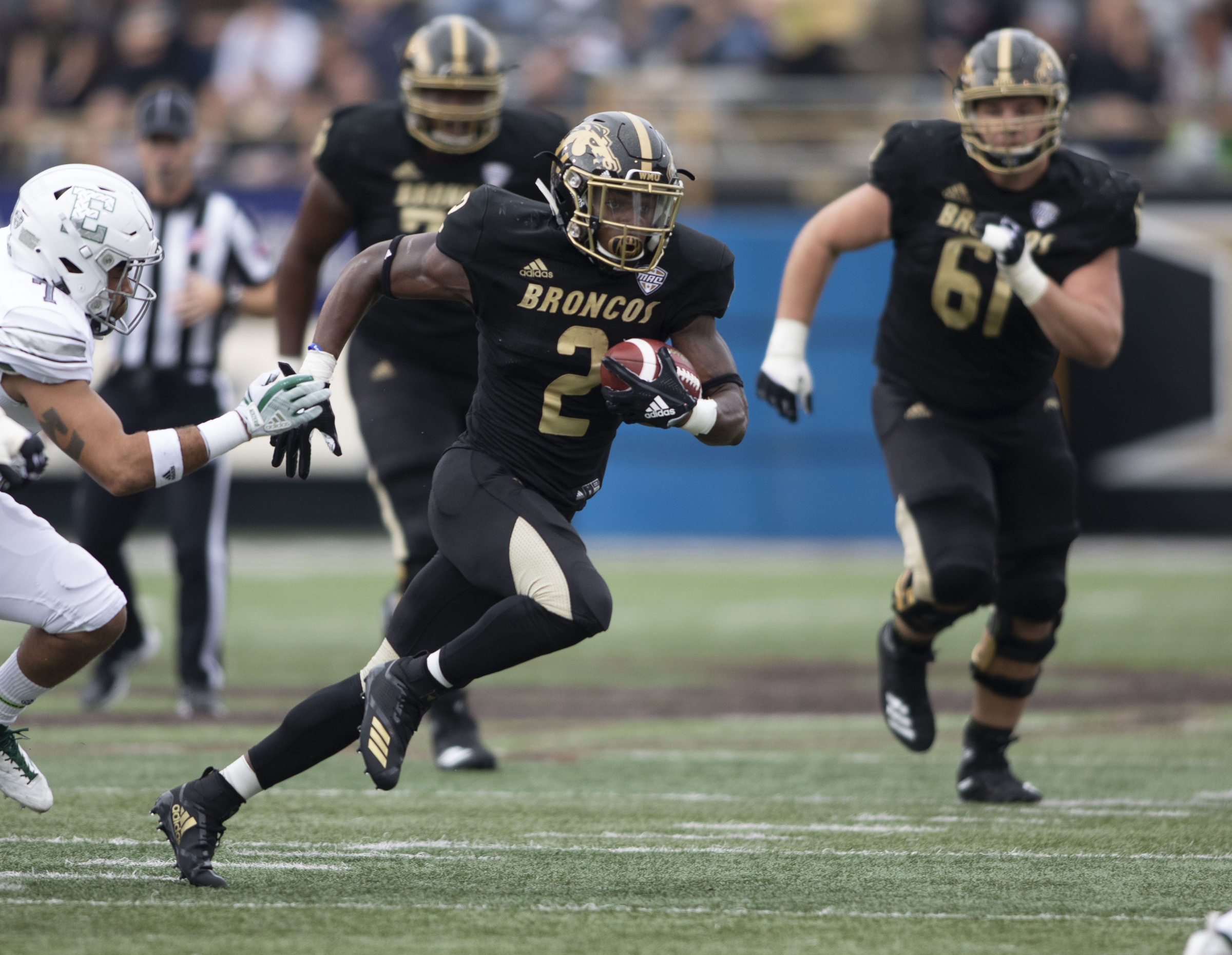 In this Oct. 6, 2018 photo Western Michigan Broncos running back LeVante Bellamy (2) runs the ball during an NCAA college football game against Eastern Michigan at Waldo Stadium, in Kalamazoo, Mich. (Associated Press file photo)