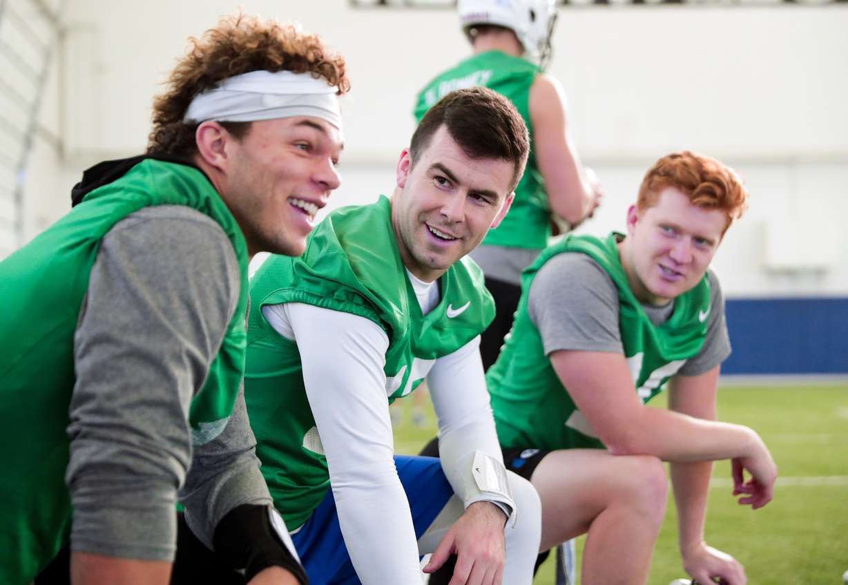 Tanner Mangum, Jaren Hall and Joe Critchlow during BYU's practice before facing Western Michigan in the Famous Idaho Potato Bowl, Friday, Dec. 21, 2018 in Boise, Idaho. (Photo: Jaren Wilkey, BYU Photo)