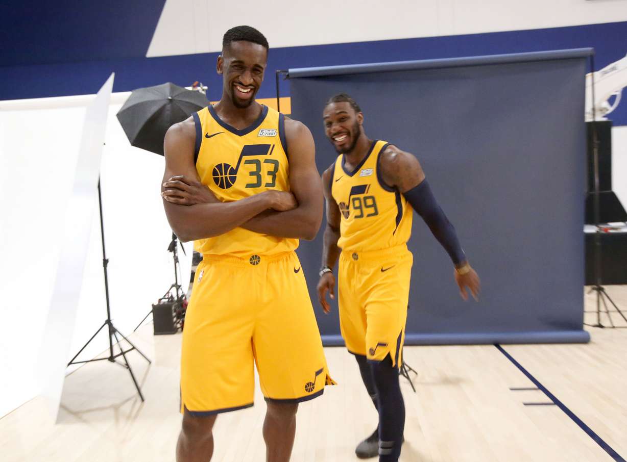 Ekpe Udoh and Jae Crowder joke around during Jazz Media Day at the Zions Bank Basketball Center in Salt Lake City on Monday, Sept. 24, 2018.
