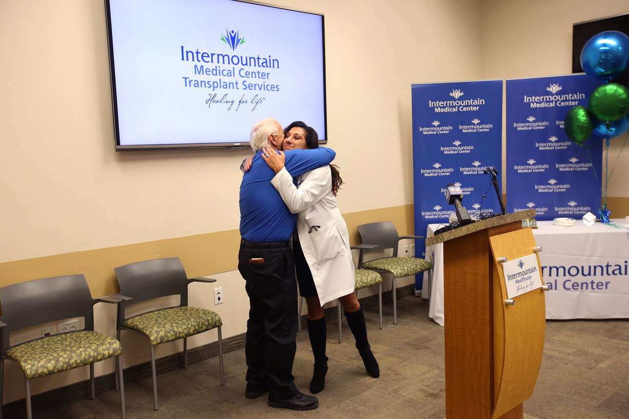 Lorin Morse physician assistant Shar Christopher at a press conference at Intermountain Medical Center in Murray on Thursday, Dec. 20, 2018. Morse had a liver transplant operation one year ago, which made him the center's 1,000th liver transplant patient. (Photo: Laura Seitz, KSL)