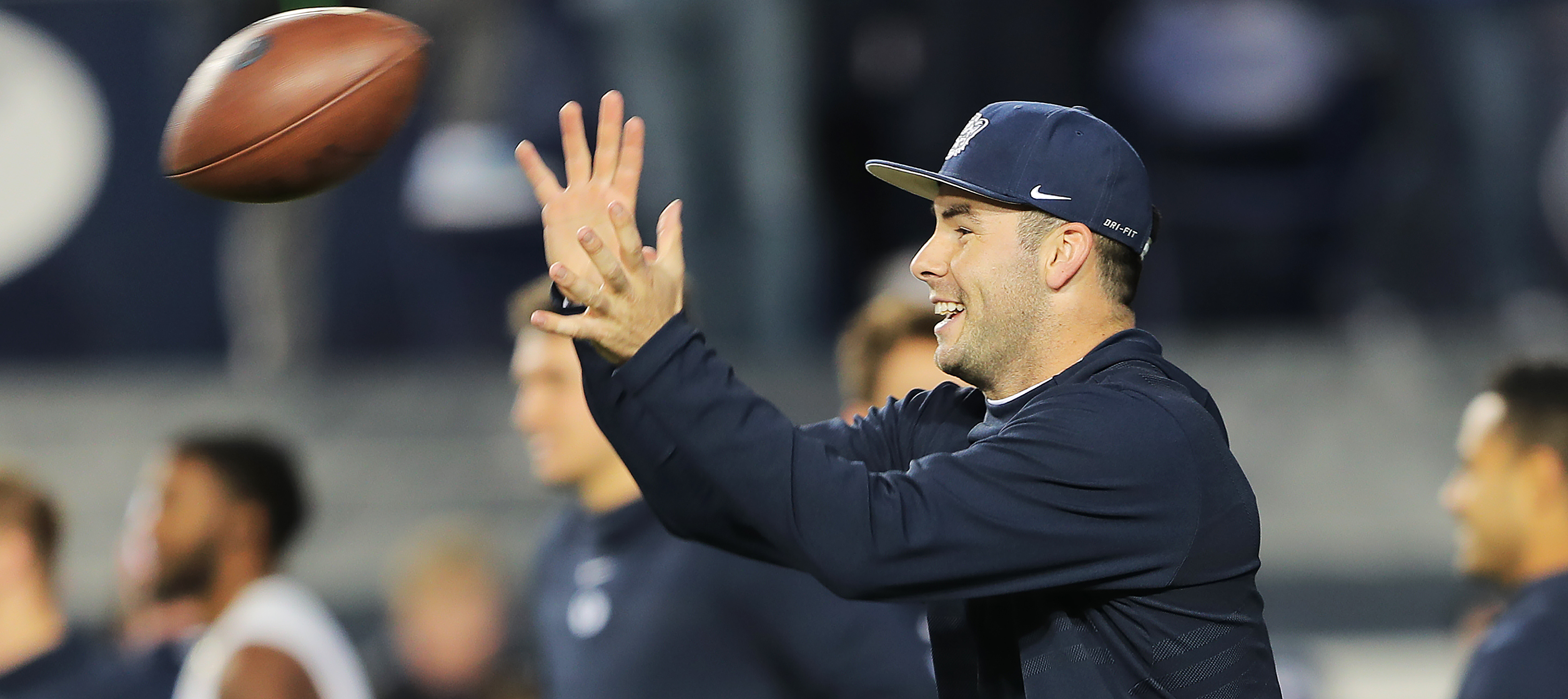 BYU quarterback Tanner Mangum (12) warms up as BYU and Hawaii prepare to play at LaVell Edwards Stadium in Provo on Saturday, Oct. 13, 2018. (Photo: Scott G Winterton, Deseret News)