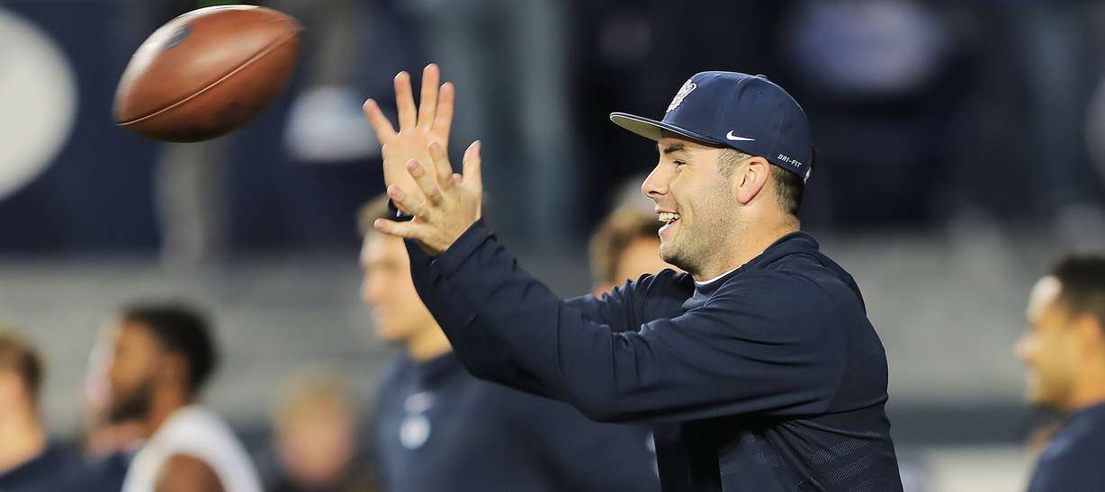 BYU quarterback Tanner Mangum (12) warms up as BYU and Hawaii prepare to play at LaVell Edwards Stadium in Provo on Saturday, Oct. 13, 2018. (Photo: Scott G Winterton, Deseret News)