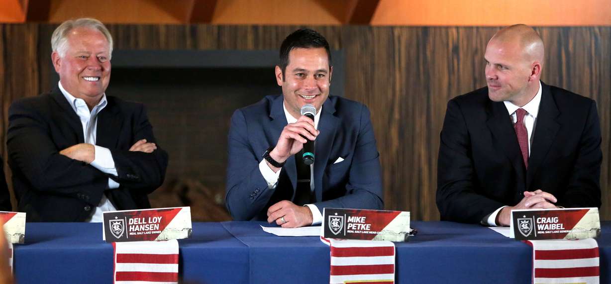 Dell Loy Hansen, Real Salt Lake's owner, Mike Petke, RSL's new head coach, and Craig Waibel, RSL general manager speak at a press conference at the Rio Tinto Stadium in Sandy on Wednesday, March 29, 2017. (Photo: Kristin Murphy, KSL)