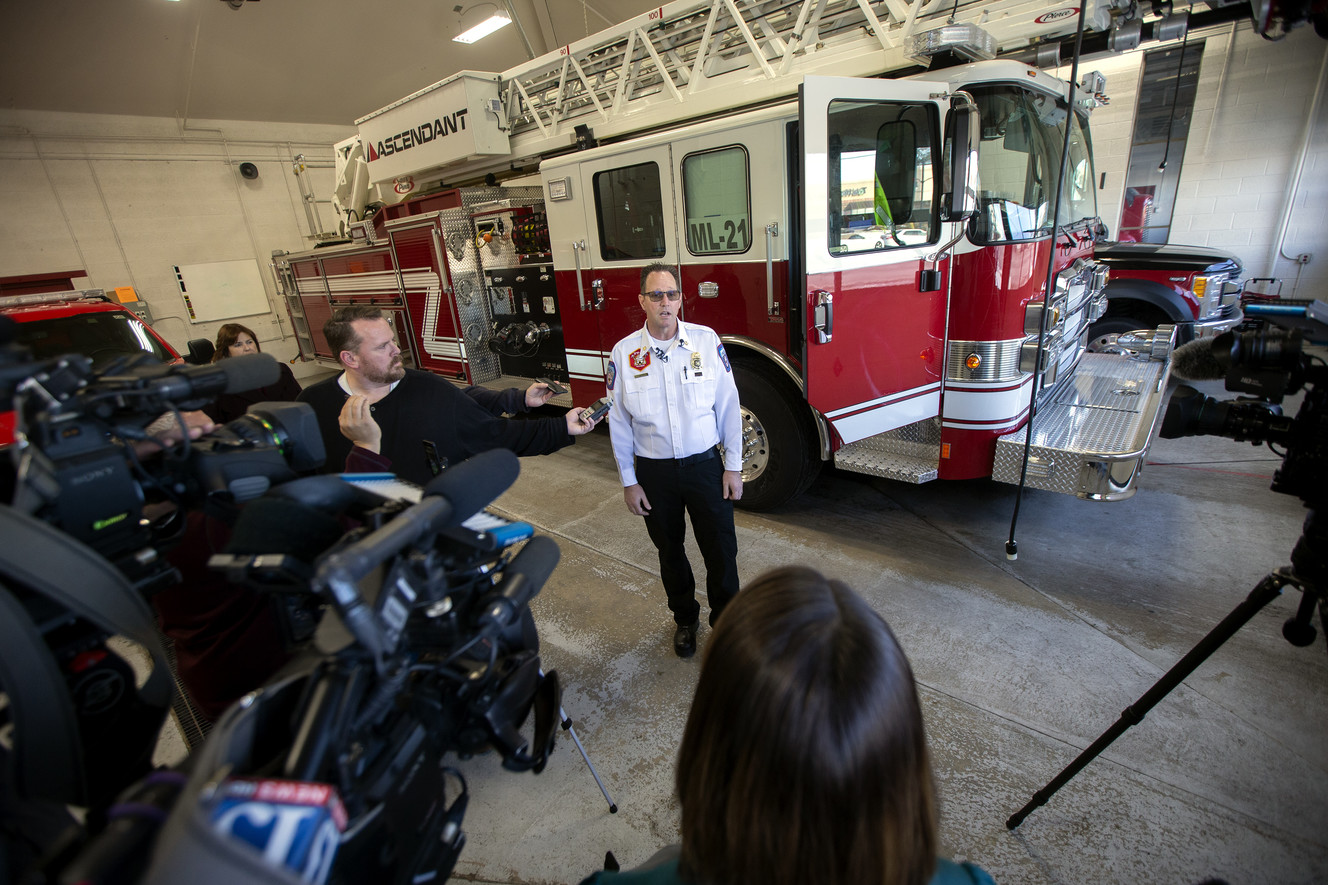 Draper Fire Chief Clint Smith talks on Friday, Dec. 28, 2018, about the accident that injured Battalion Chief Bart Vawdrey while he and others were responding to an accident on I-15 on Thursday night. (Photo: Scott G Winterton, KSL)