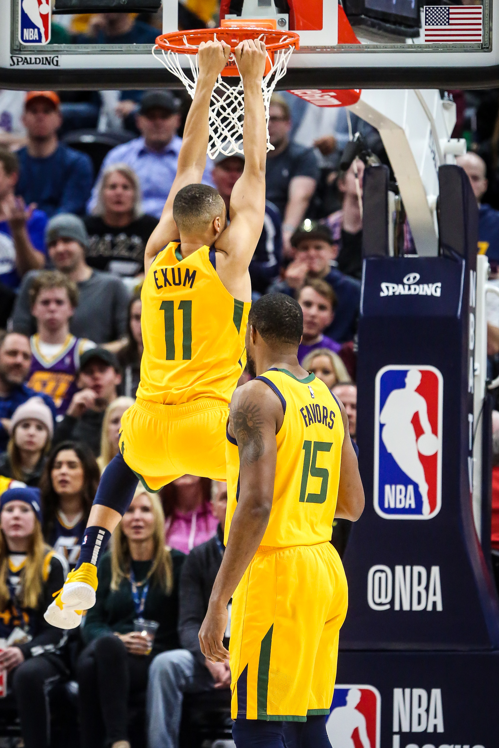 Utah Jazz guard Dante Exum (11) dunks the ball as the Utah Jazz and the Philadelphia 76ers play an NBA basketball game at Vivint Smart Home Arena in Salt Lake City on Thursday, Dec. 27, 2018. (Qiling Wang, KSL)