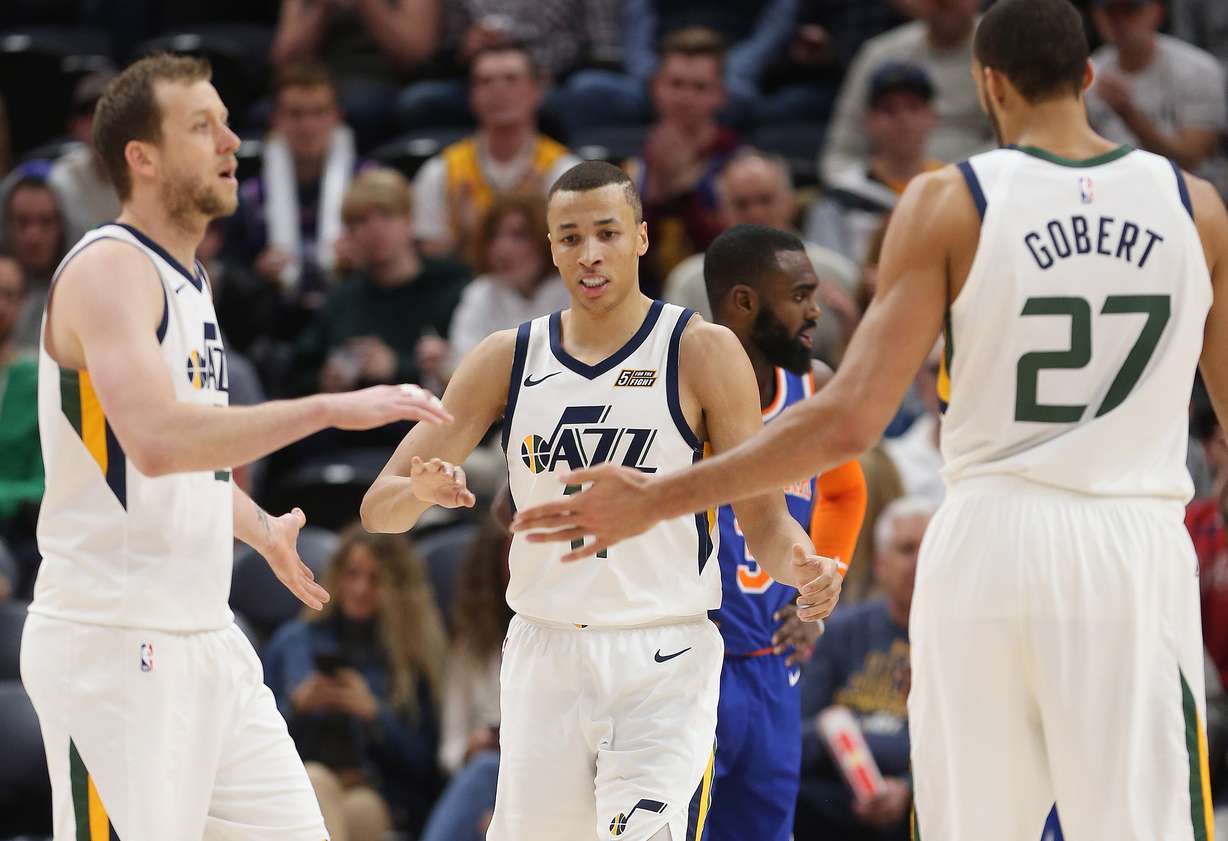 Utah Jazz guard Dante Exum (11) celebrates a basket and a foul in Salt Lake City on Saturday, Dec. 29, 2018. Utah won 12-7. (Photo credit: Jeffrey D. Allred, KSL)