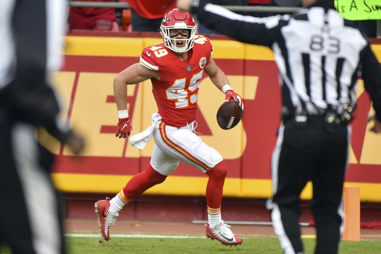 Kansas City Chiefs defensive back Daniel Sorensen (49) scores a touchdown on an interception of a throw intended for Oakland Raiders tight end Jared Cook, unseen, during the first half of an NFL football game in Kansas City, Mo., Sunday, Dec. 30, 2018. (Photo: Ed Zurga, AP)
