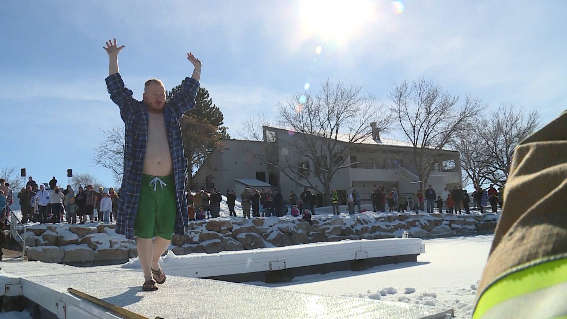 The first jumper gets ready to take the plunge before the sixth annual Polar Plunge at Stansbury Lake in Stansbury Park on Tuesday, Jan. 1, 2019. (Photo: Alex Cabrero, KSL TV)