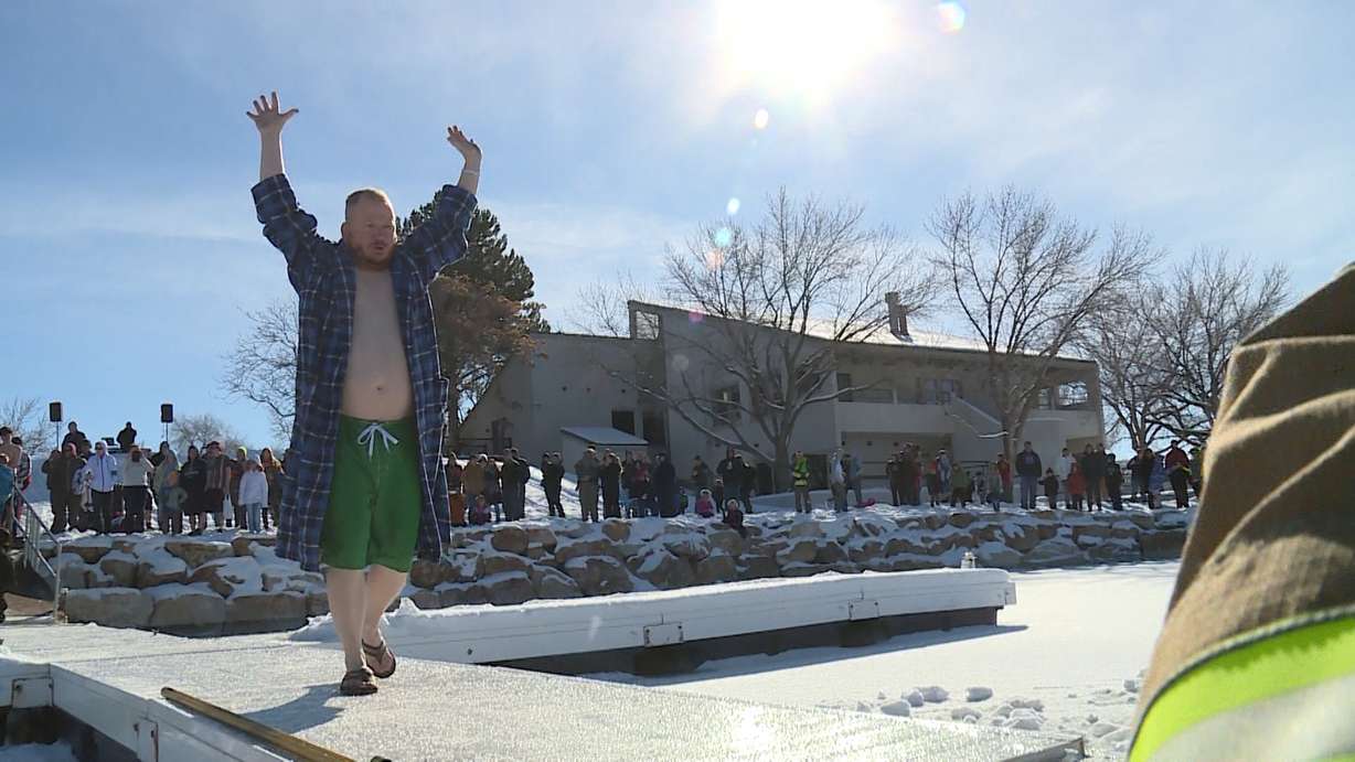 The first jumper gets ready to take the plunge before the sixth annual Polar Plunge at Stansbury Lake in Stansbury Park on Tuesday, Jan. 1, 2019. (Photo: Alex Cabrero, KSL TV)