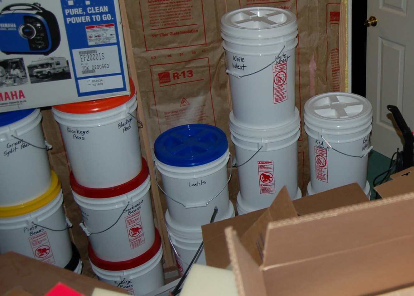 This Dec. 8, 2009 photo shows just some of the many buckets containing food storage that Josh and Susan Powell had stockpiled in their basement. Photo: West Valley Police Department