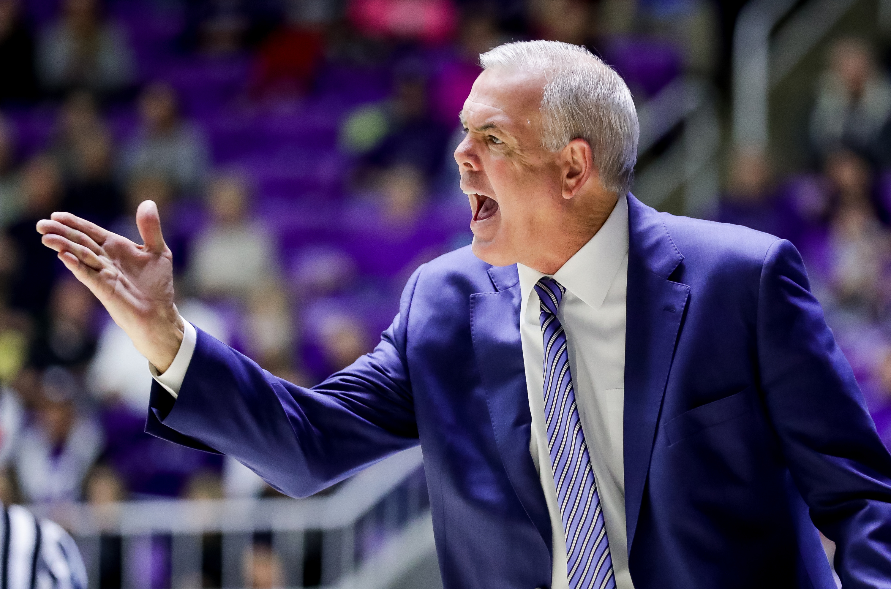 Brigham Young Cougars head coach Dave Rose yells on the sideline during the game against the Weber State Wildcats at the Dee Events Center in Ogden on Saturday, Dec. 1, 2018. (Photo: Spenser Heaps, KSL)