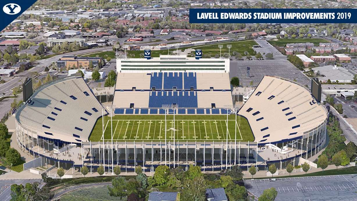 An artist's rendering shows what improvements to LaVell Edwards Stadium will look like, with construction expected to be completed in time for the 2019 season. The improvements include structures that will connect all four corners of the stadium.