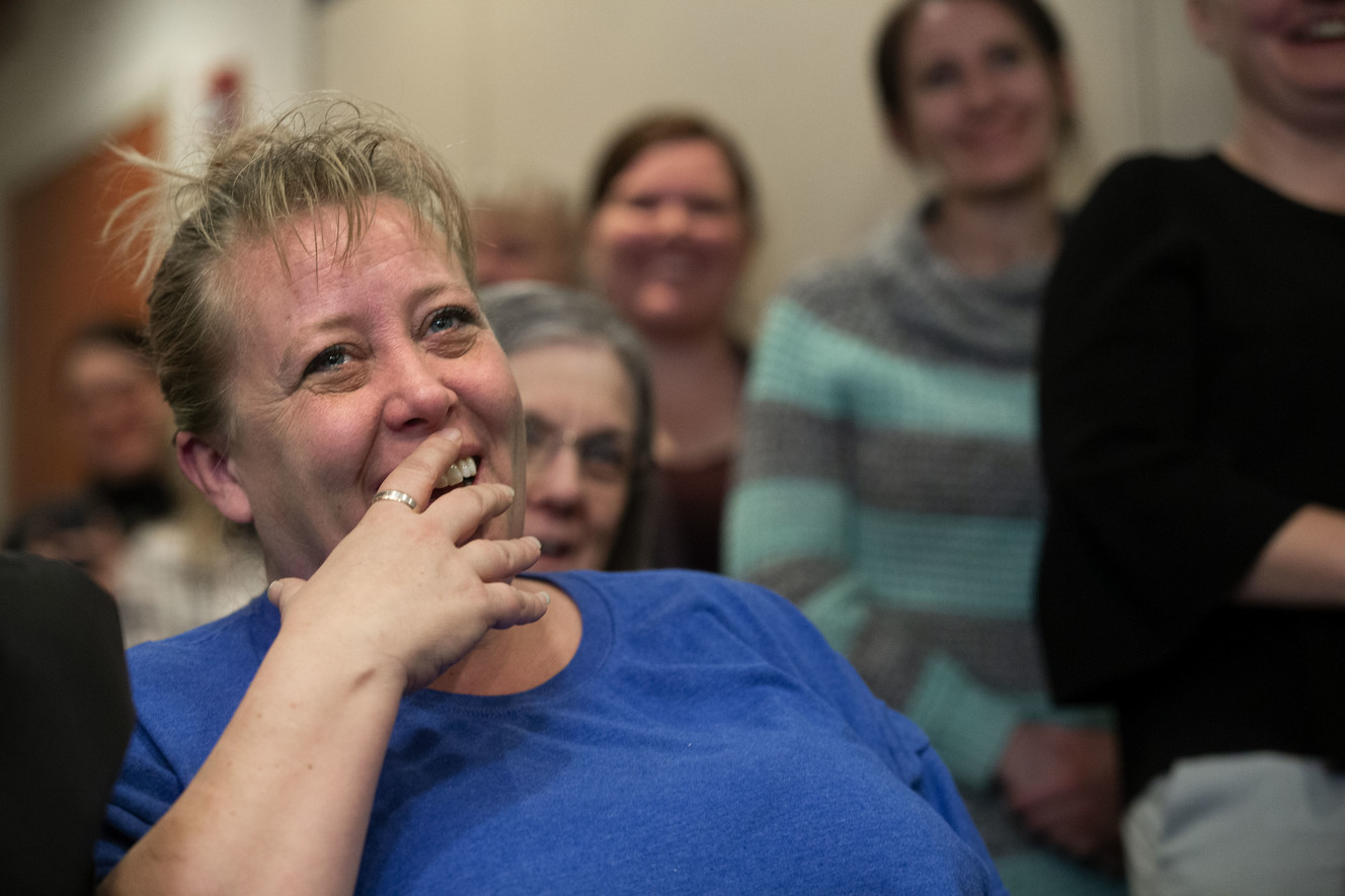 Connie Dillard laughs as her husband, James Dillard, speaks about his second chance at life during a press conference at the University of Utah Hospital in Salt Lake City on Friday, Jan. 4, 2019. Dillard received a new liver in December 2018. University of Utah Health announced Friday it performed a record-breaking number of organ transplants in 2018. (Photo: Laura Seitz, KSL)