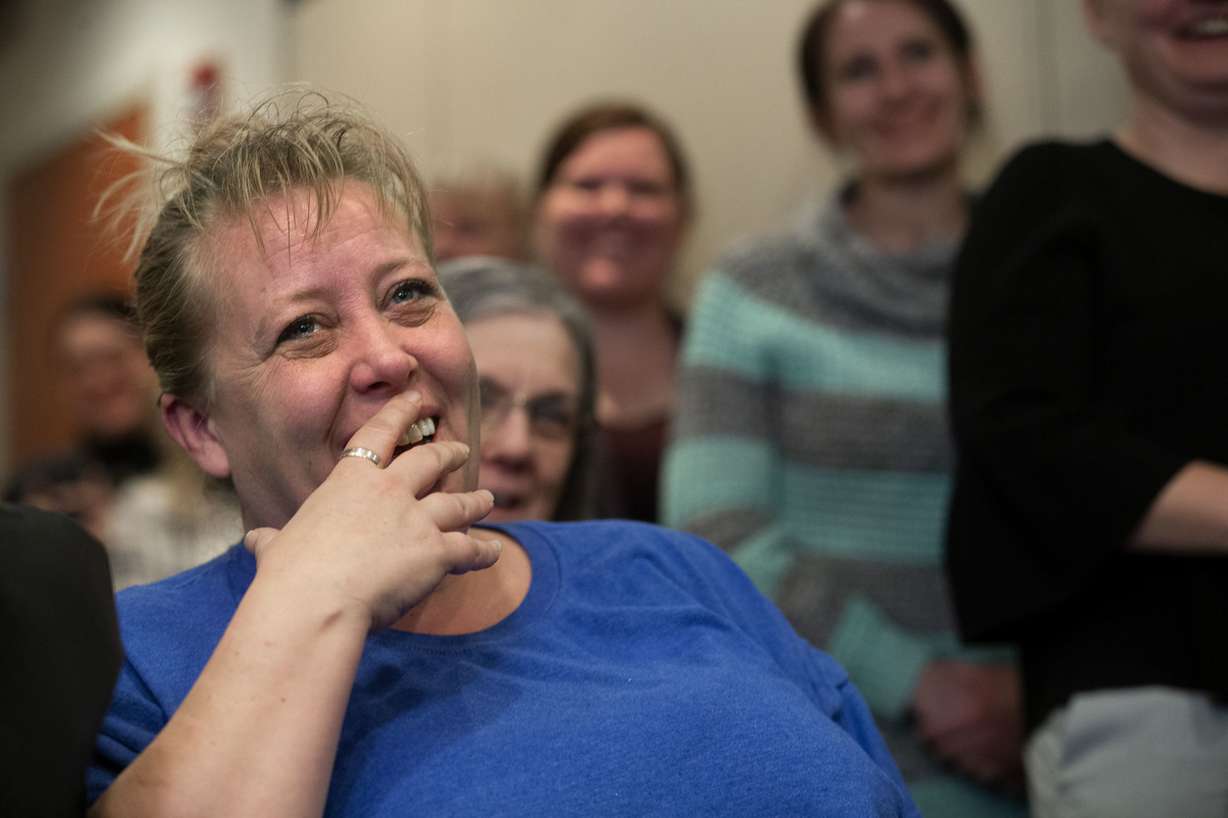 Connie Dillard laughs as her husband, James Dillard, speaks about his second chance at life during a press conference at the University of Utah Hospital in Salt Lake City on Friday, Jan. 4, 2019. Dillard received a new liver in December 2018. University of Utah Health announced Friday it performed a record-breaking number of organ transplants in 2018. (Photo: Laura Seitz, KSL)