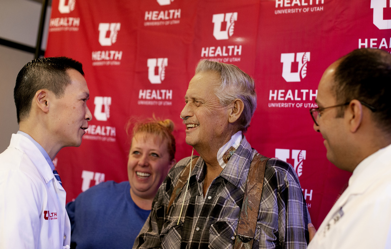 Liver transplant recipient James Dillard, center, speaks with Dr. Robin Kim, chief of the Division of Transplantation and Advanced Hepatobiliary Surgery at the University of Utah, left, his wife, Connie, and Dr. George Rofaiel, a transplant and hepatobillary surgeon at the U., right, during a press conference at the University of Utah Hospital in Salt Lake City on Friday, Jan. 4, 2019. Dillard received a new liver in December 2018. University of Utah Health announced Friday it performed a record-breaking number of organ transplants in 2018. (Photo: Laura Seitz, KSL)