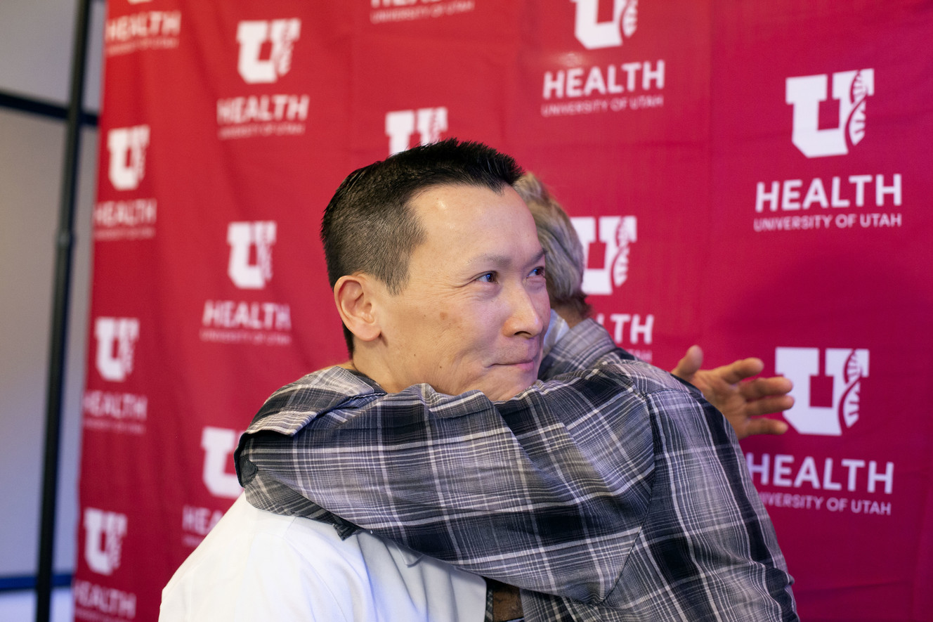 Dr. Robin Kim, chief of the Division of Transplantation and Advanced Hepatobiliary Surgery at the University of Utah, gets a hug from liver transplant recipient James Dillard at the University of Utah Hospital in Salt Lake City on Friday, Jan. 4, 2019. Dillard received a new liver in in December 2018. University of Utah Health announced Friday it performed a record-breaking number of organ transplants in 2018. (Photo: Laura Seitz, KSL)