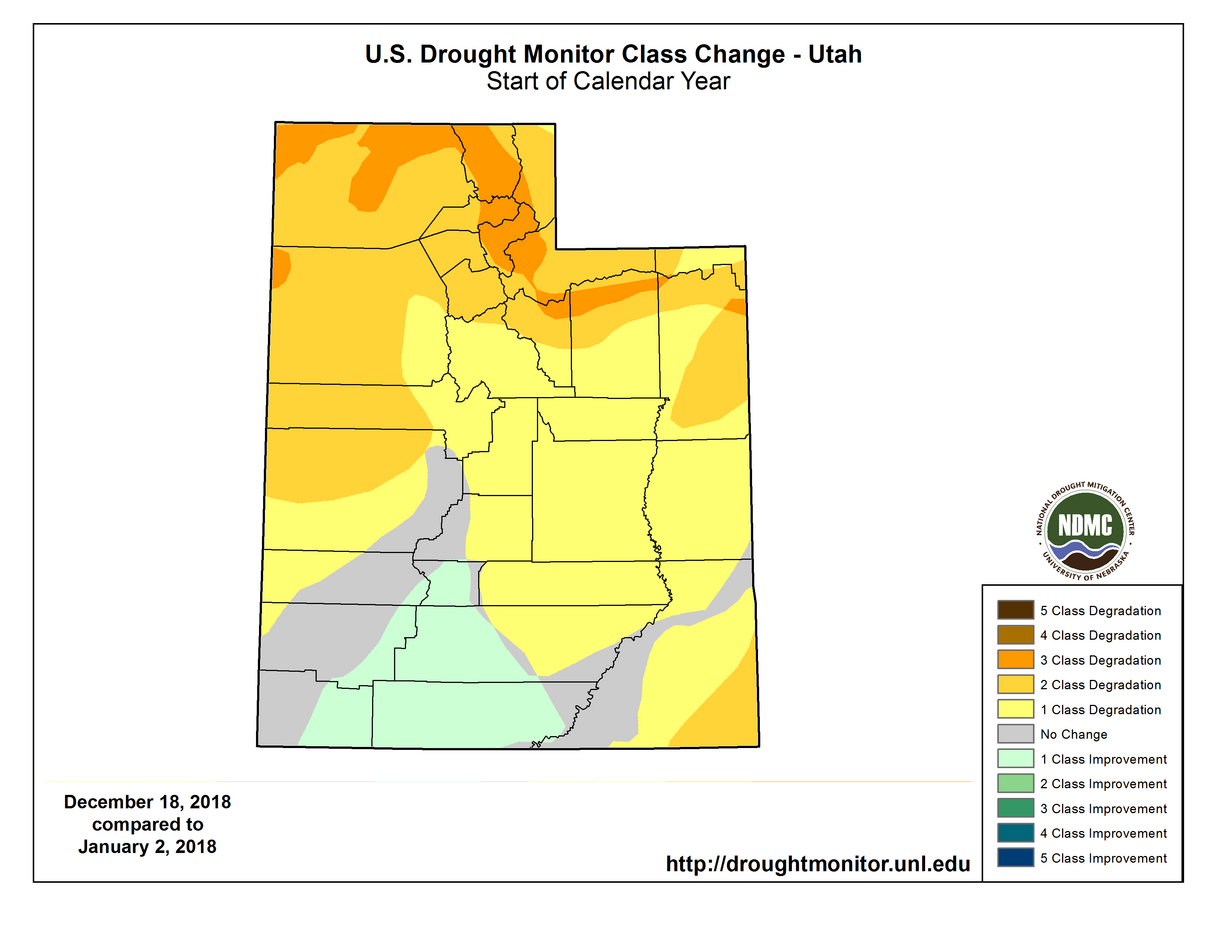 This map shows how Utah drought conditions changed throughout the 2018 calendar year. Darker colors indicate that the drought got worse, while lighter colors mean the drought improved. (Graphic: National Drought Mitigation Center)