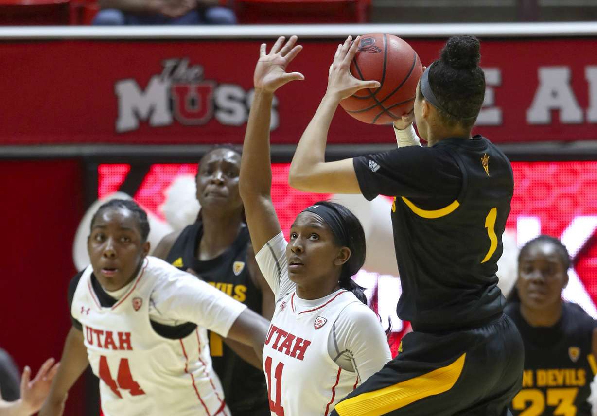 Arizona State Sun Devils guard Reili Richardson (1) rises over Utah Utes guard Erika Bean (11) as she nails the game winning shot as time expired during the Arizona State versus University of Utah women's basketball game at the Huntsman Center in Salt Lake City on Friday, Jan. 4, 2019. (Photo: Steve Griffin, KSL)