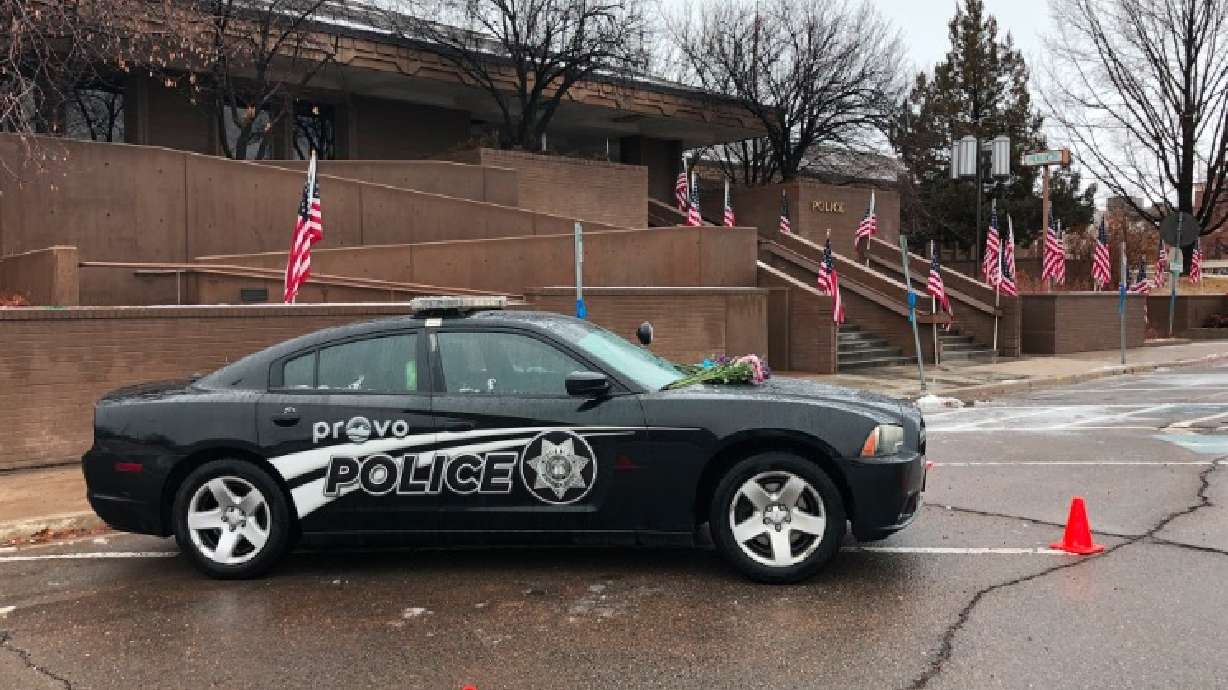The police vehicle belonging to fallen Provo police officer Joseph Shinners sits outside the department on Sunday, Jan. 6, 2018.