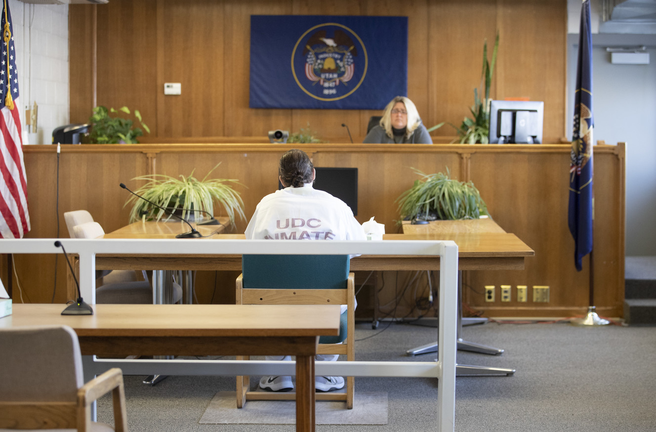 Robert Allen Kartchner sits in front of Utah Pardons and Parole board member Denise M. Porter at a parole hearing at the Utah State Prison in Draper on Tuesday, Jan. 8, 2019. (Photo: Scott G Winterton, KSL)