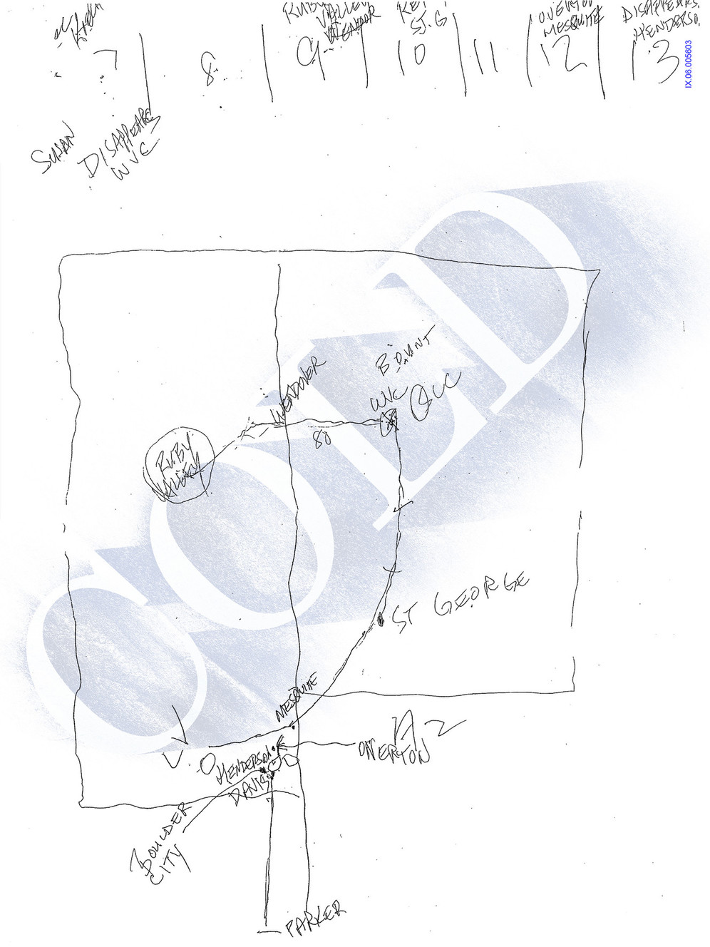 Steve Powell drew this map for the FBI on Feb. 24, 2010, to help explain his theory that his missing daughter-in-law, Susan Powell, had left the United States with a missing man named Steven Koecher. West Valley police retrieved the drawing while serving a search warrant at Steve Powell's home on Aug. 25, 2011. (Photo: West Valley Police Department)