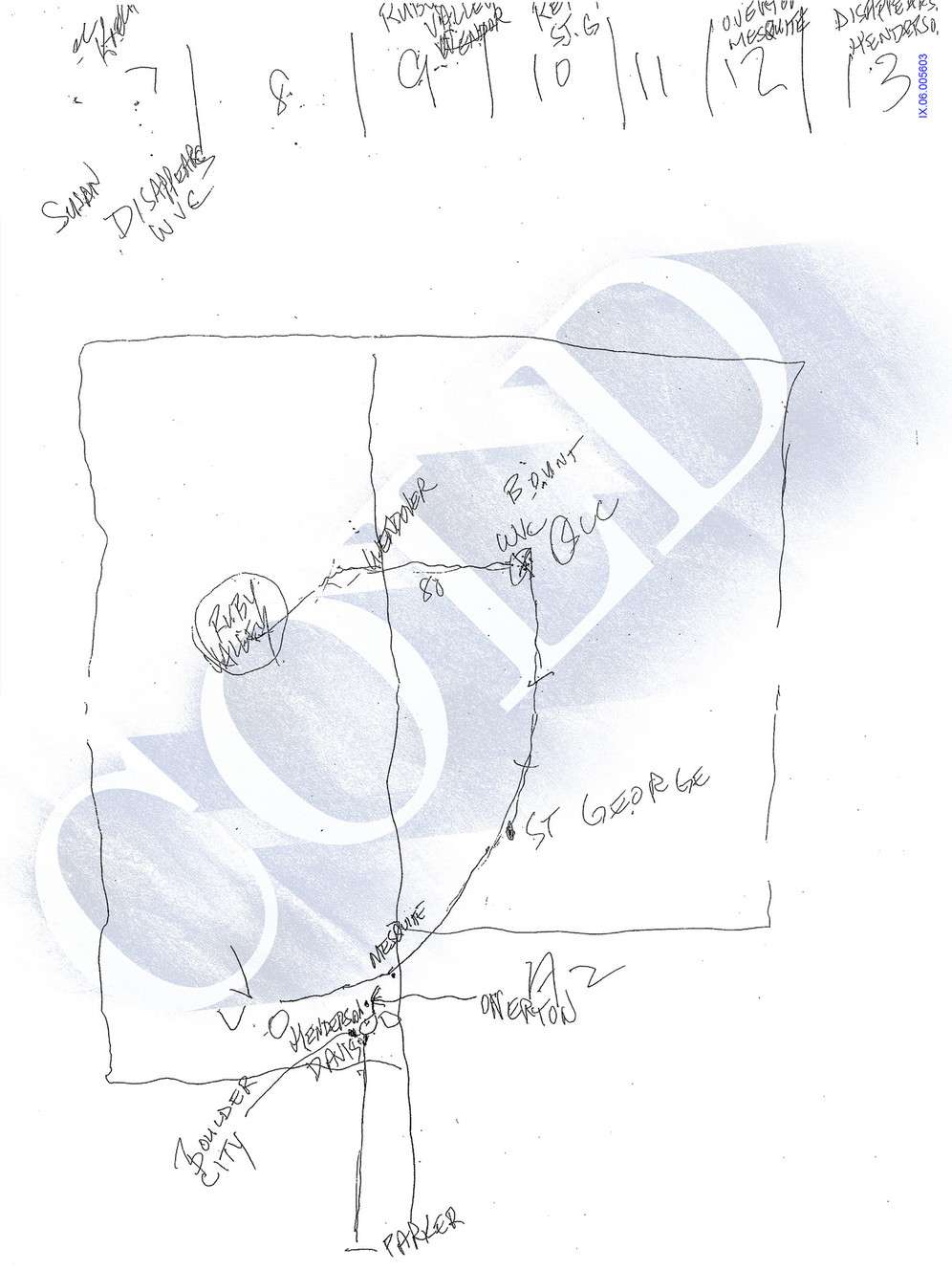 Steve Powell drew this map for the FBI on Feb. 24, 2010, to help explain his theory that his missing daughter-in-law, Susan Powell, had left the United States with a missing man named Steven Koecher. West Valley police retrieved the drawing while serving a search warrant at Steve Powell's home on Aug. 25, 2011. (Photo: West Valley Police Department)