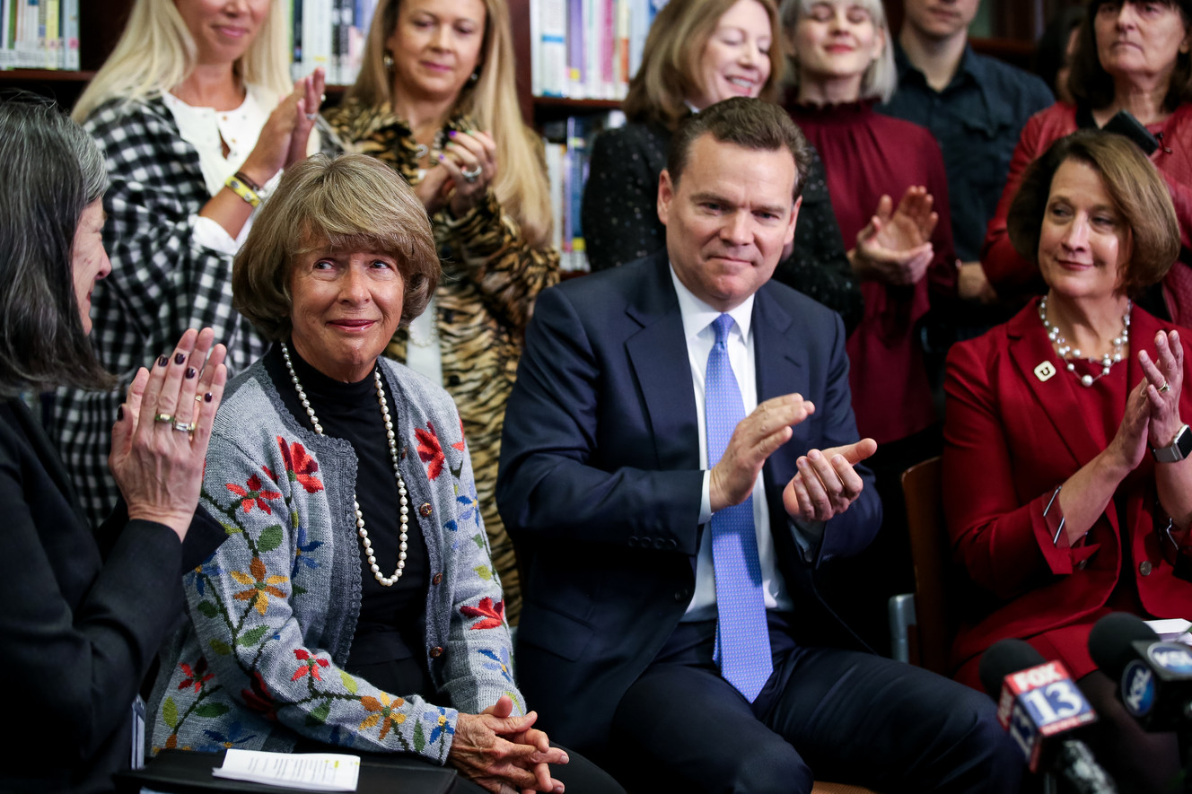 Mary Beckerle, CEO of the Huntsman Cancer Institute, left, Karen Huntsman, wife of the late Jon M. Huntsman Sr., Peter Huntsman, CEO of the Huntsman Foundation and chairman and CEO of the Huntsman Cancer Foundation, and Ruth V. Watkins, president of the University of Utah, appear at a press conference at the institute in Salt Lake City on Friday, Jan. 11, 2019. (Photo: Spenser Heaps, KSL)