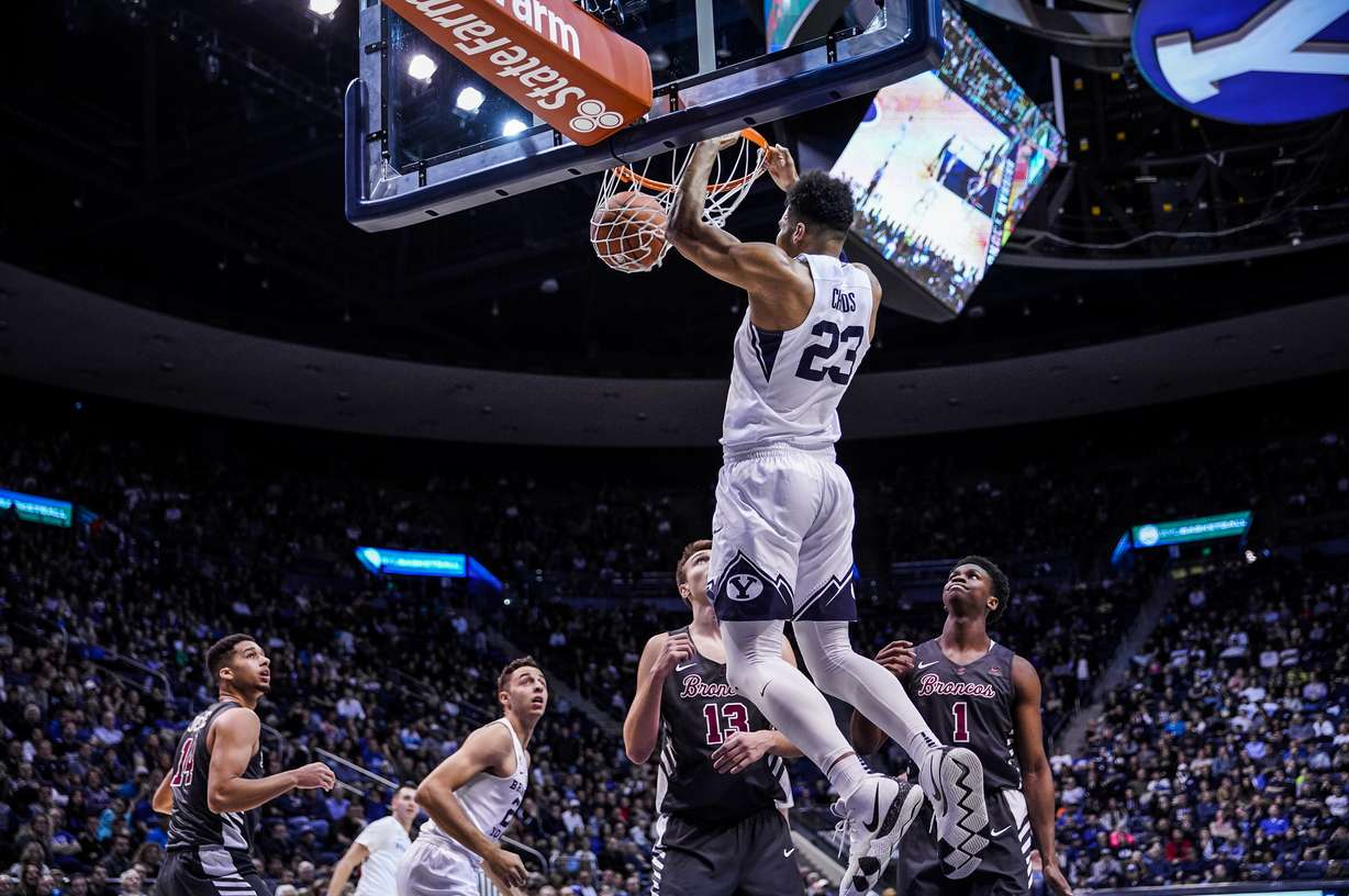 BYU's Yoeli Childs dunks the ball during the Cougars' 80-74 win over Santa Clara in the Marriott Center in Provo, Utah on Saturday, Jan. 12, 2019. (Photo: Nate Edwards, BYU Photo)