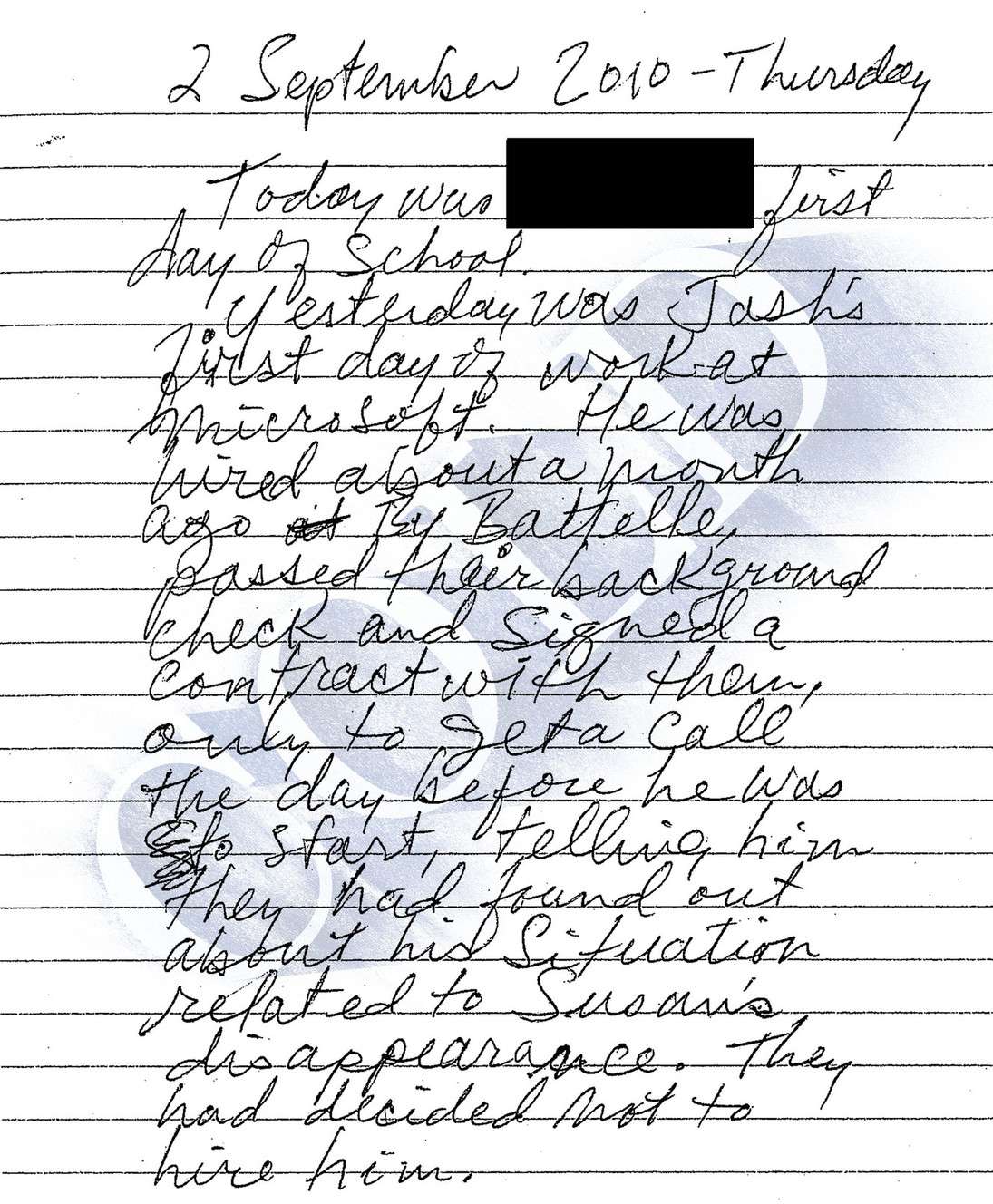 Steve Powell wrote this journal entry on Sept. 2, 2010, describing his son Josh Powell’s new job working for Microsoft in Bellevue. West Valley police seized Steve Powell's journals while serving a search warrant at his house on Aug. 25, 2011. (Photo: West Valley Police Department)
