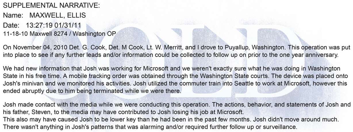 West Valley police detective Ellis Maxwell wrote this report about the failed Washington undercover operation in November 2010, without specifically mentioning his intent to introduce Josh Powell to a female undercover officer. (Photo: West Valley Police Department)