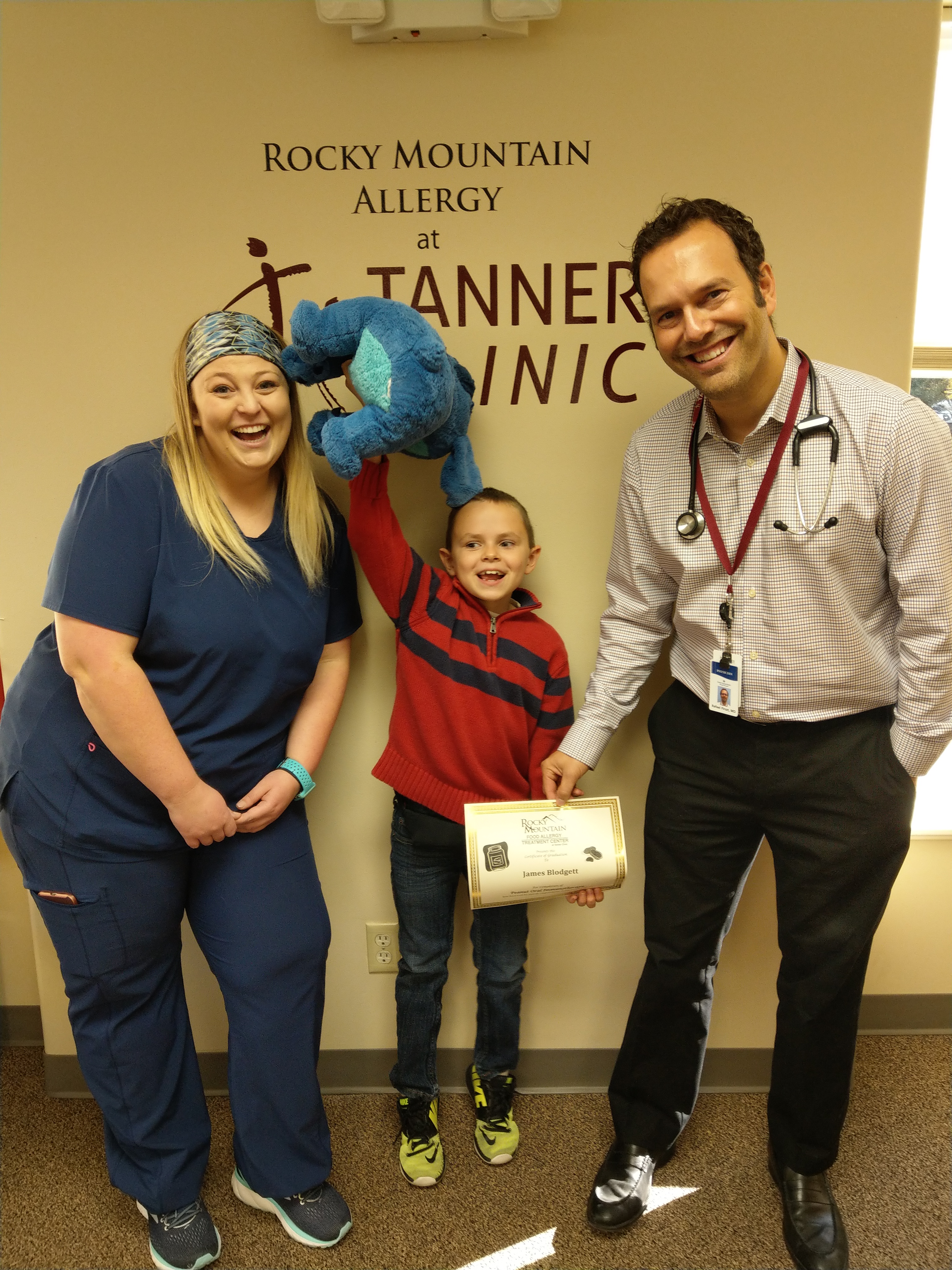 James Blodgett, age 9, on the day he graduated from the peanut allergy immunotherapy treatment program at the Tanner Clinic in Murray, Utah. Before, he and his parents lived a life a daily fear. His reactions to the smallest exposure to peanuts were severe and life threatening. Photo: KSL TV