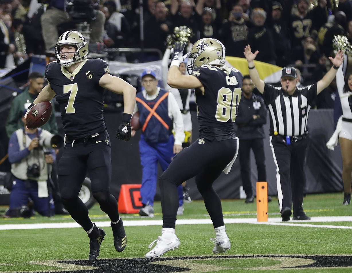 New Orleans Saints' Taysom Hill celebrates his touchdown catch during the second half the NFL football NFC championship game against the Los Angeles Rams, Sunday, Jan. 20, 2019, in New Orleans. (Photo: David J. Phillip, AP)