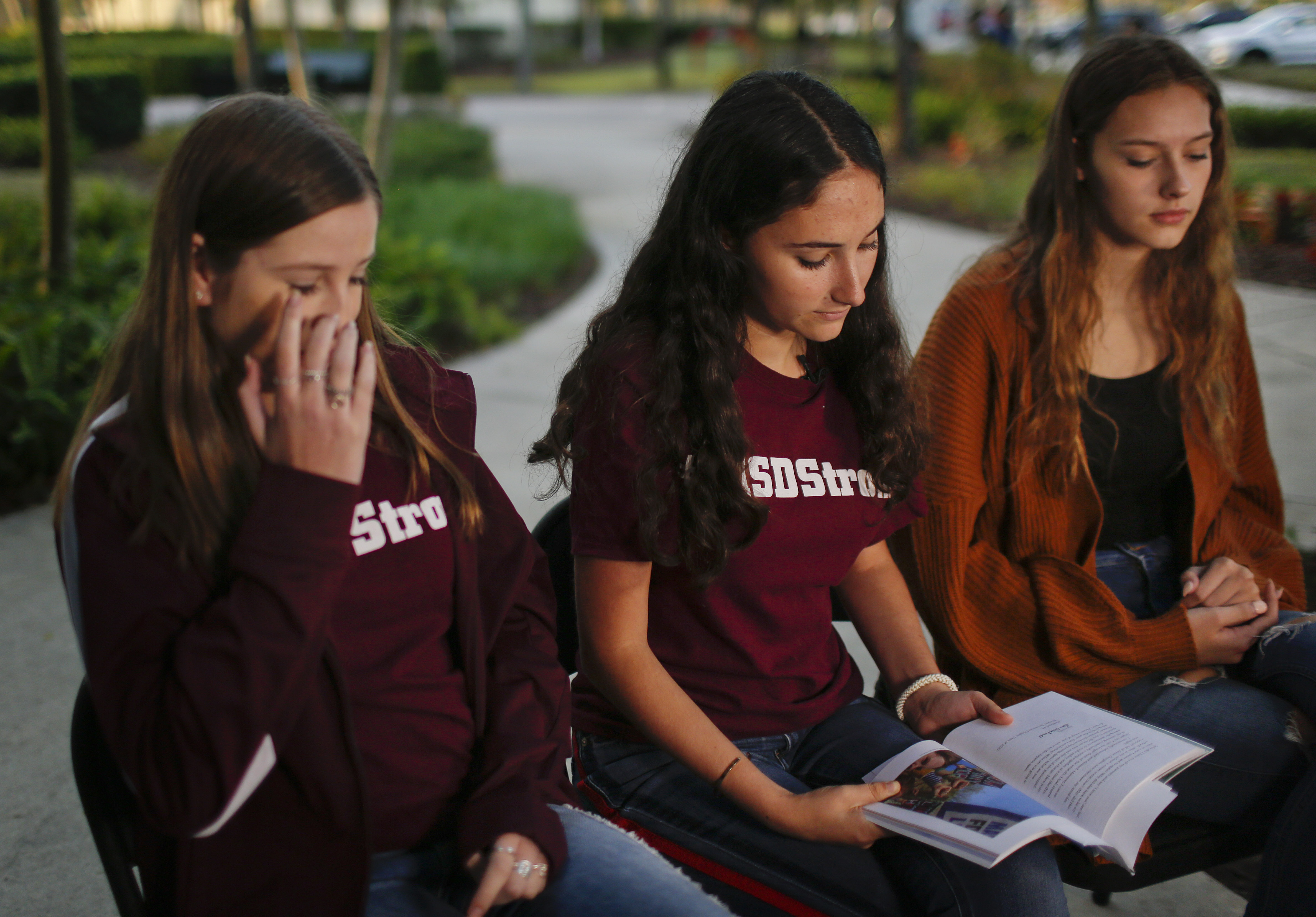In this Wednesday, Jan. 16, 2019, photo, Brianna Fisher, 16, left, Leni Steinhardt, 16, center, and Brianna Jesionowski sit during an interview with The Associated Press. Photo: AP Photo