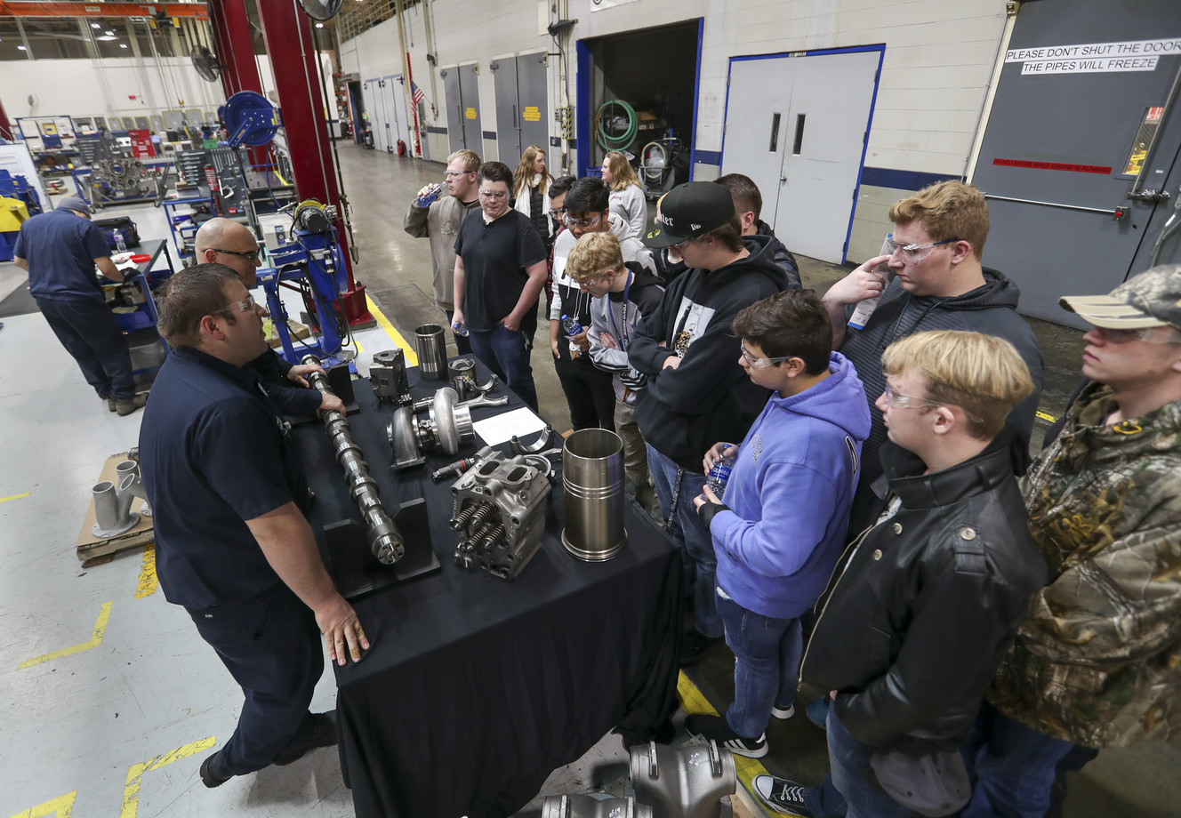 Tooele High School students tour Detroit Diesel in Tooele on Wednesday, Jan. 23, 2019, after the Utah Governor’s Office of Economic Development, industry leaders and education leaders announced an expansion of the Utah Diesel Technician Program, which creates more opportunities for Utah students by providing a direct pathway from high school and college into the workforce. (Photo: Steve Griffin, KSL)