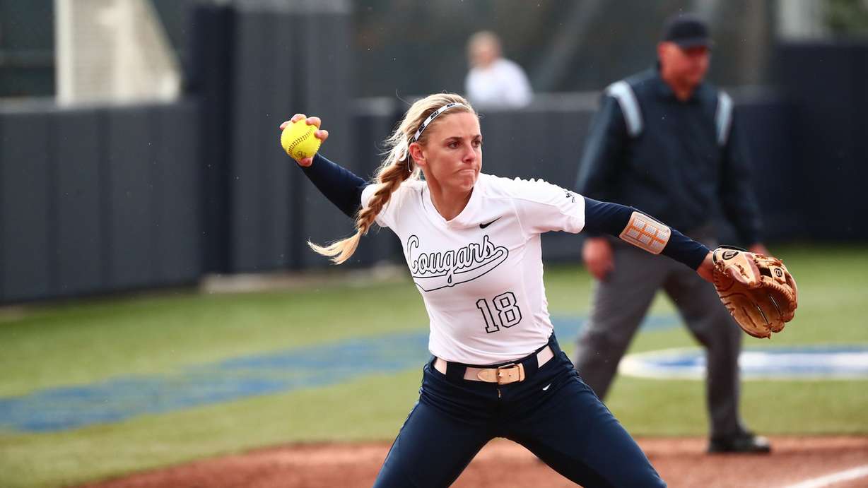BYU's Caitlyn Alldredge makes a throw from third during a game against against Utah Valley in the Cougars' 11-0 victory in the UCCU Crosstown Clash. (Photo: Jaren Wilkey, BYU Photo)