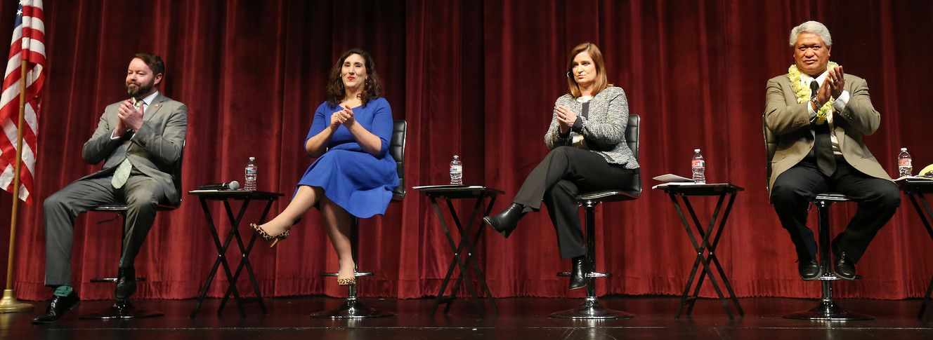 Arlyn Bradshaw, Shireen Ghorbani, Jenny Wilson and Stone Fonua participate in a debate for the Salt Lake County mayoral candidates in Sandy on Thursday, Jan. 24, 2019. (Photo: Jeffrey D. Allred, KSL)