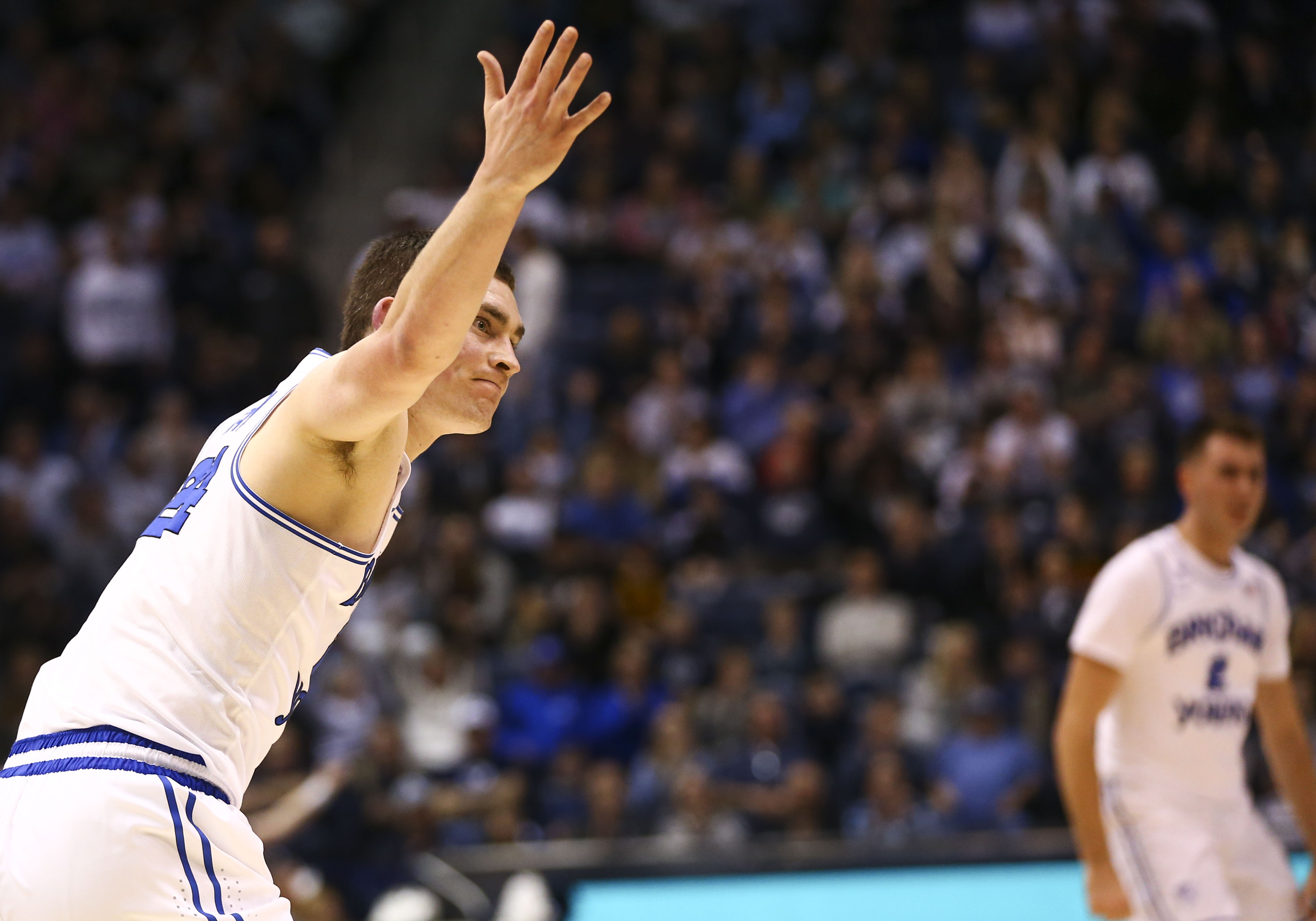 BYU guard McKay Cannon (24) looks at the referee for a foul to be called against St. Mary's Gaels at the Marriott Center in Provo on Thursday, Jan. 24, 2019. (Photo: Silas Walker, KSL)