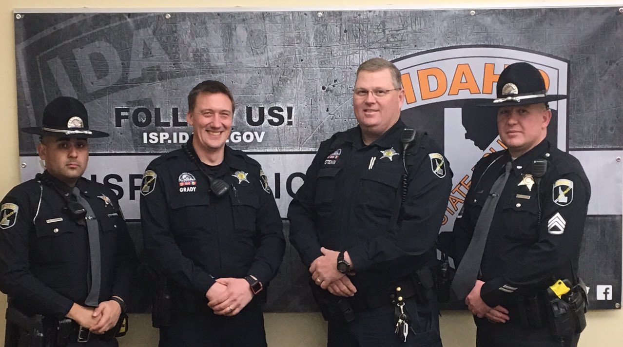 ISP troopers LLerenas, Grady, Stemm and Klitch were credited by doctors for saving a 2-year-old boy’s life during a traffic stop in December. Photo: Courtesy Idaho State Police via EastIdahoNews