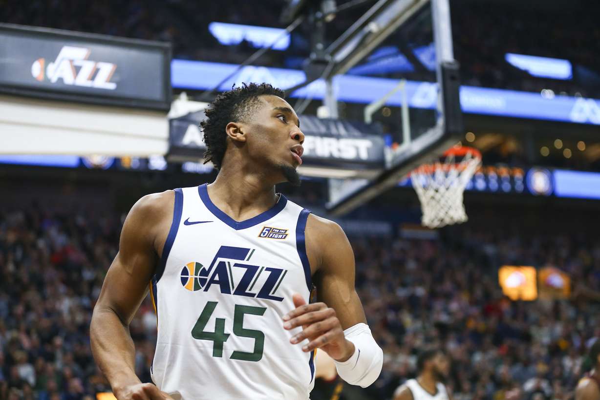 Utah Jazz guard Donovan Mitchell (45) at the end of the first half of the game against the Cleveland Cavaliers at the Vivint Smart Home Arena in Salt Lake City on Friday, Jan. 18, 2019. (Silas Walker, KSL)