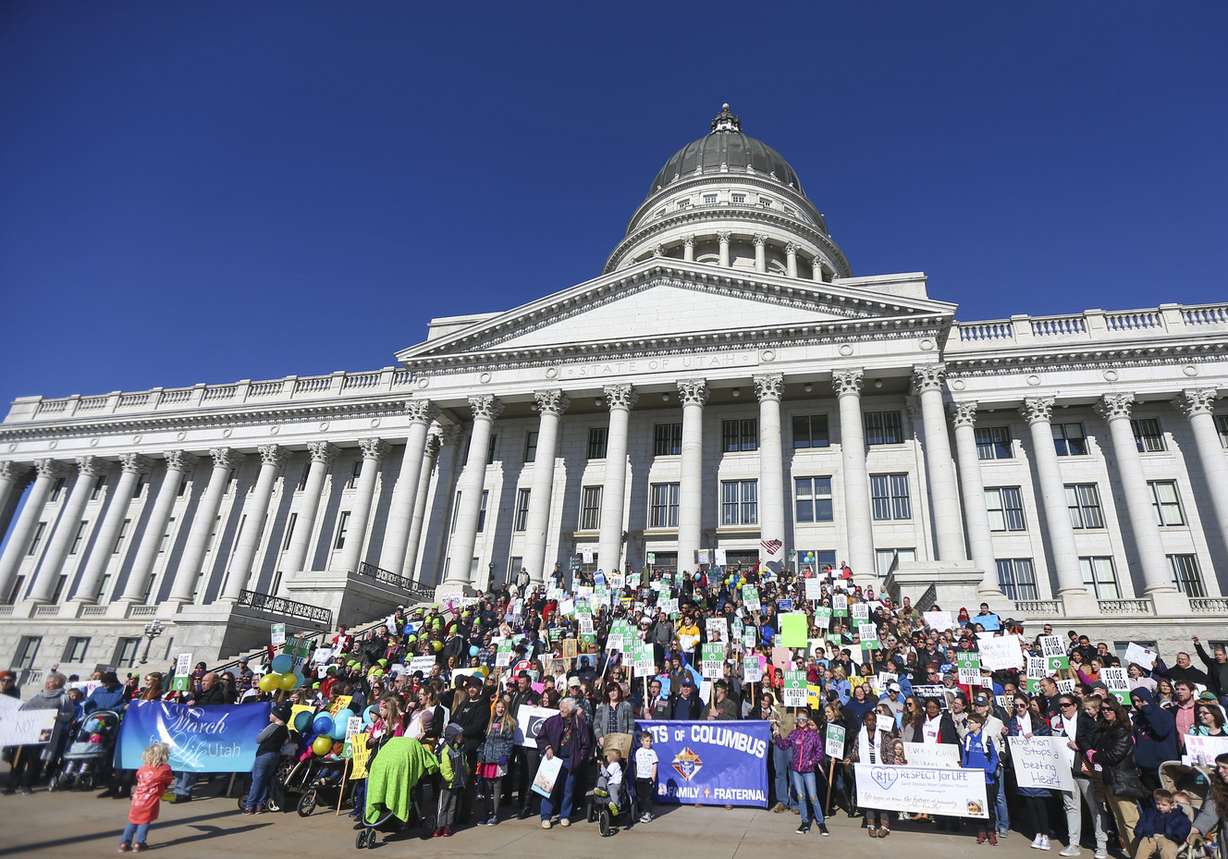 Supporters holding signs gather in front of the Capitol before marching around the building during the March for Life in Salt Lake City on Saturday, Jan. 26, 2019. (Photo: Silas Walker, Deseret News)