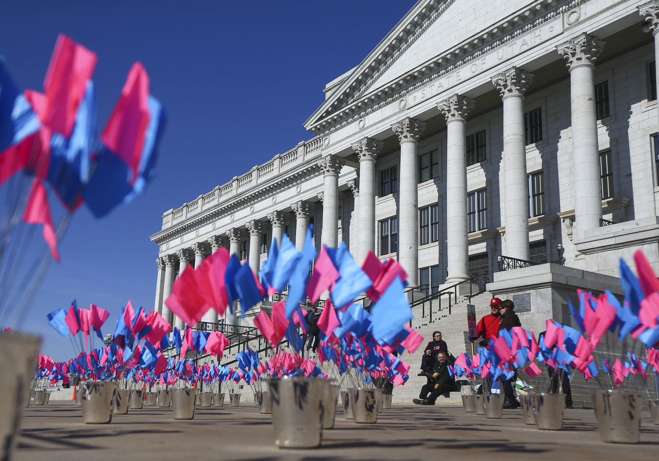 Pink and blue flags are pictured in front of the Salt Lake City Capitol for the March for Life event in Salt Lake City on Saturday, Jan. 26, 2019. (Photo: Silas Walker, KSL)