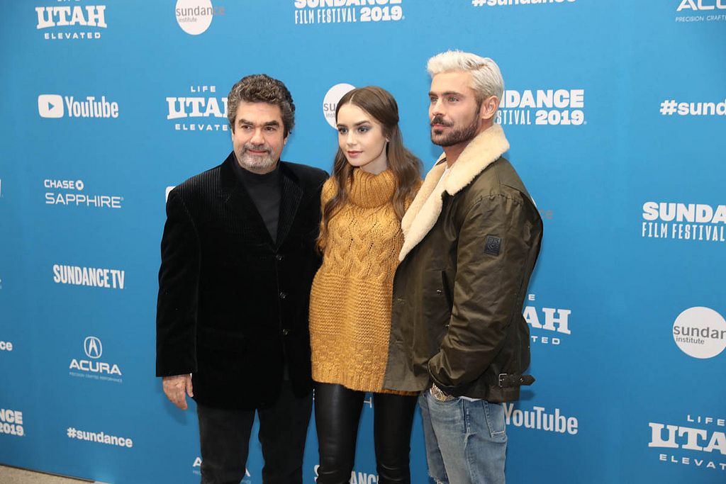 From left to right: Director Joe Berlinger and actors Lily Collins and Zac Efron attend the World Premiere of "Extremely Wicked, Shockingly Evil and Vile," an official selection of the Premieres Program at the 2019 Sundance Film Festival, Saturday, Jan. 26, 2019 in Park City. (Photo by Jemal Countess, courtesy of Sundance Institute)