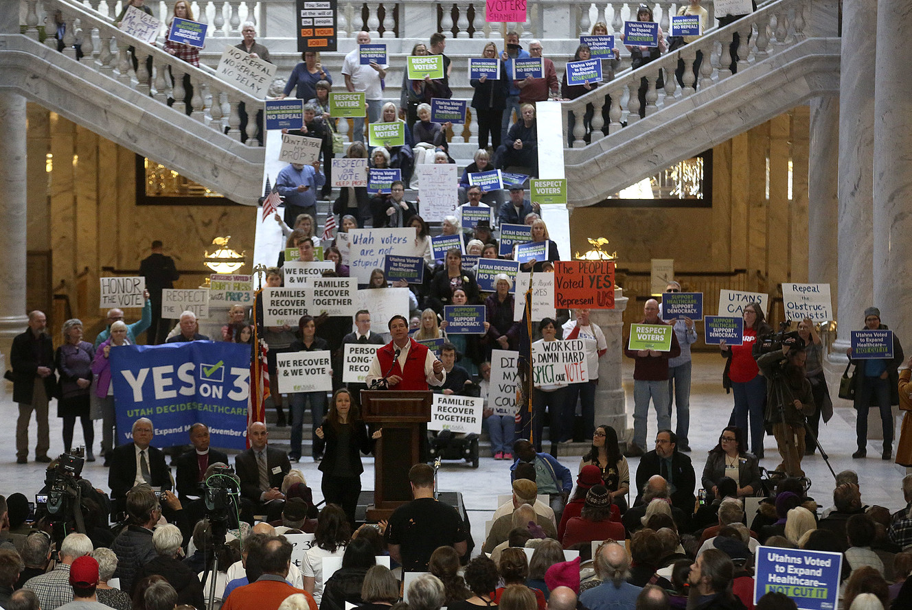 Alan Ormsby, AARP Utah executive director, speaks during the Rally Against Repeal at the Capitol in Salt Lake City on Monday, Jan. 28, 2019. The crowd came to support full Medicaid expansion for the state. (Photo: Kristin Murphy, KSL)