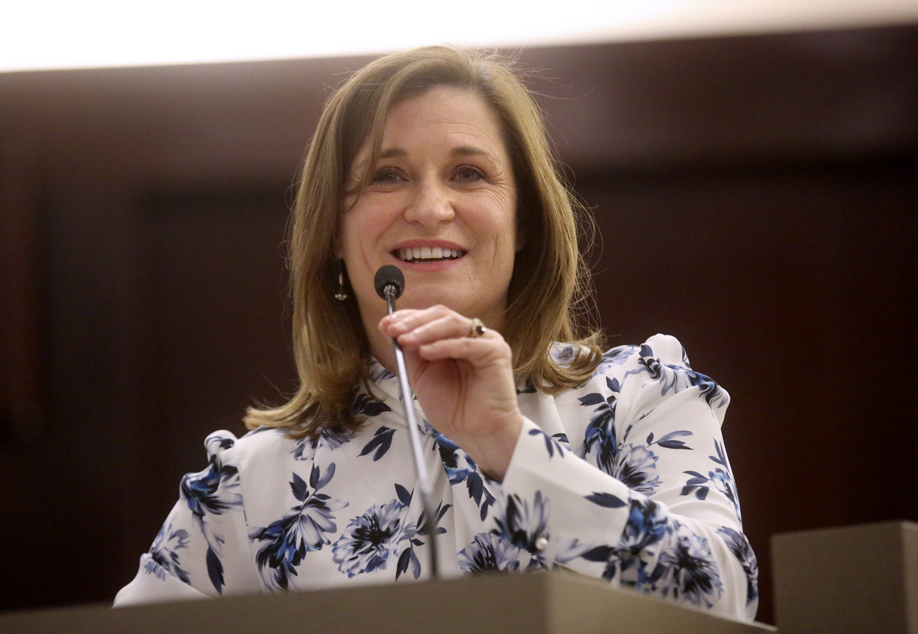 Salt Lake County Mayor Jenny Wilson speaks after being sworn in in Salt Lake City on Jan. 29, 2019. Wilson's proposed budget for next year focuses on "overdue" improvements to county buildings and infrastructure, and compensation for county employees.