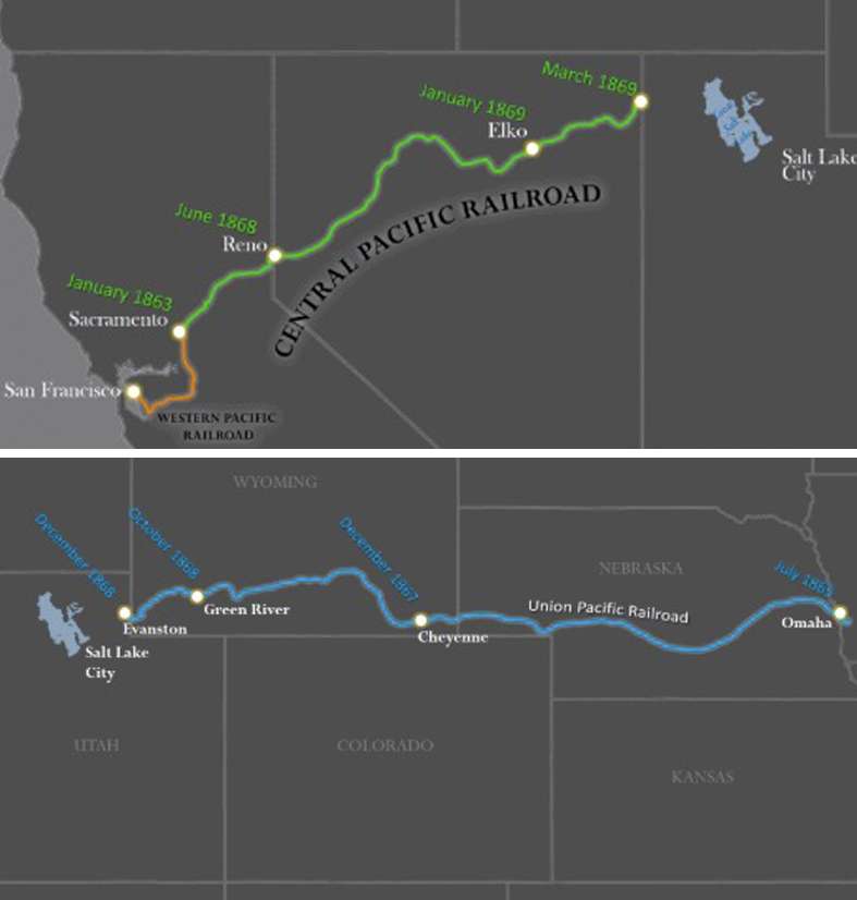 These maps, created by Utah State History, show the timeline of the Central Pacific and Union Pacific railroad companies journey toward Utah. The top photo shows the Central Pacific line workers moved east and the bottom photo shows the Union Pacific progress westward. (Photo: Utah State History)