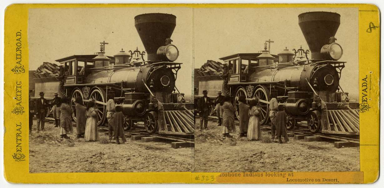 Shoshone Indians Looking at Locomotives on Desert, 1868, albumen stereograph (Courtesy Union Pacific Railroad Museum)